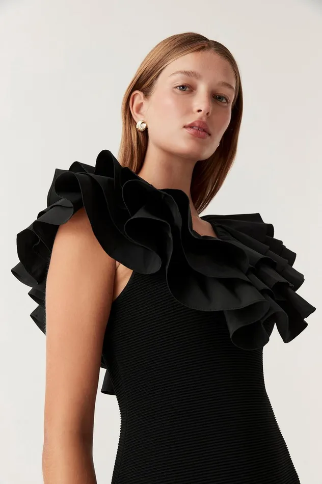 Transcendent Ruffle Midi Dress Black Women Aje Black Dresses