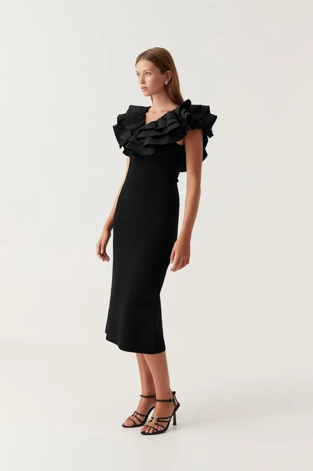Transcendent Ruffle Midi Dress Black Women Aje Black Dresses
