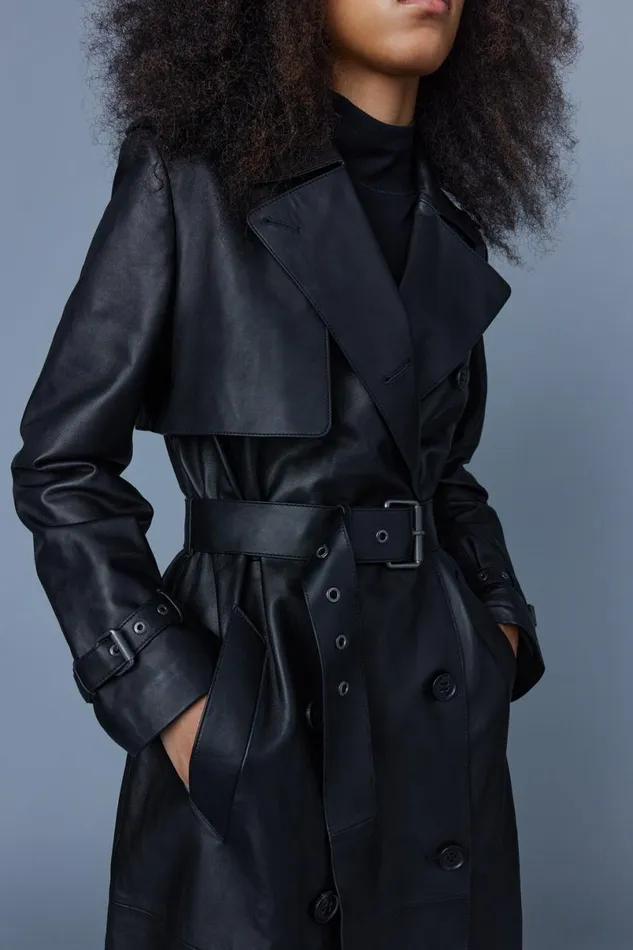 Trenches and Raincoats Women Mackage GAELZ Leather Trench Coat With Belt Black
