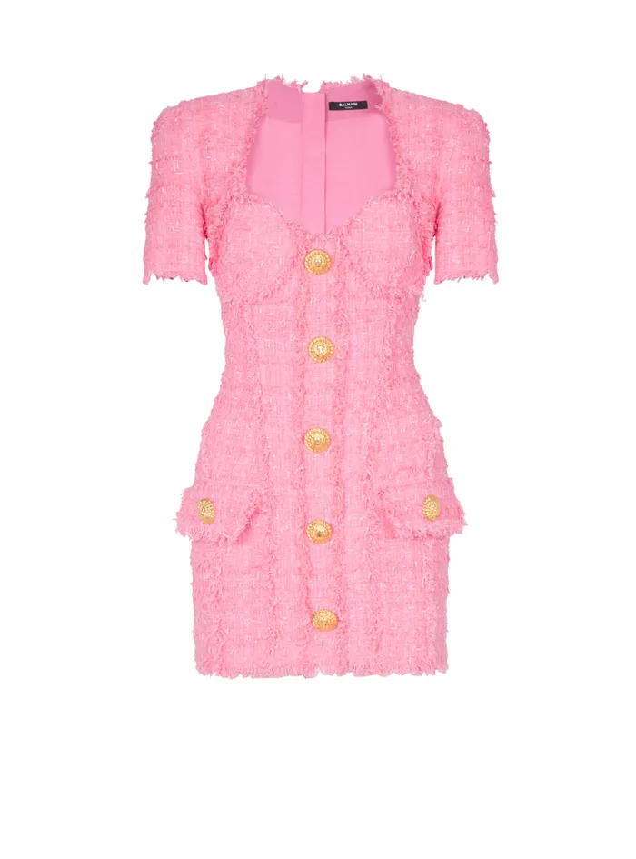 Tweed Dress With Buttons Pink Women Balmain Dresses