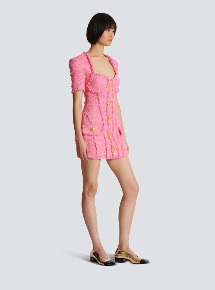 Tweed Dress With Buttons Pink Women Balmain Dresses