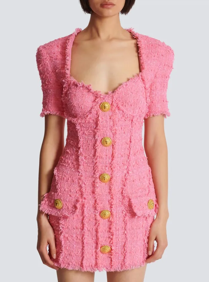 Tweed Dress With Buttons Pink Women Balmain Dresses