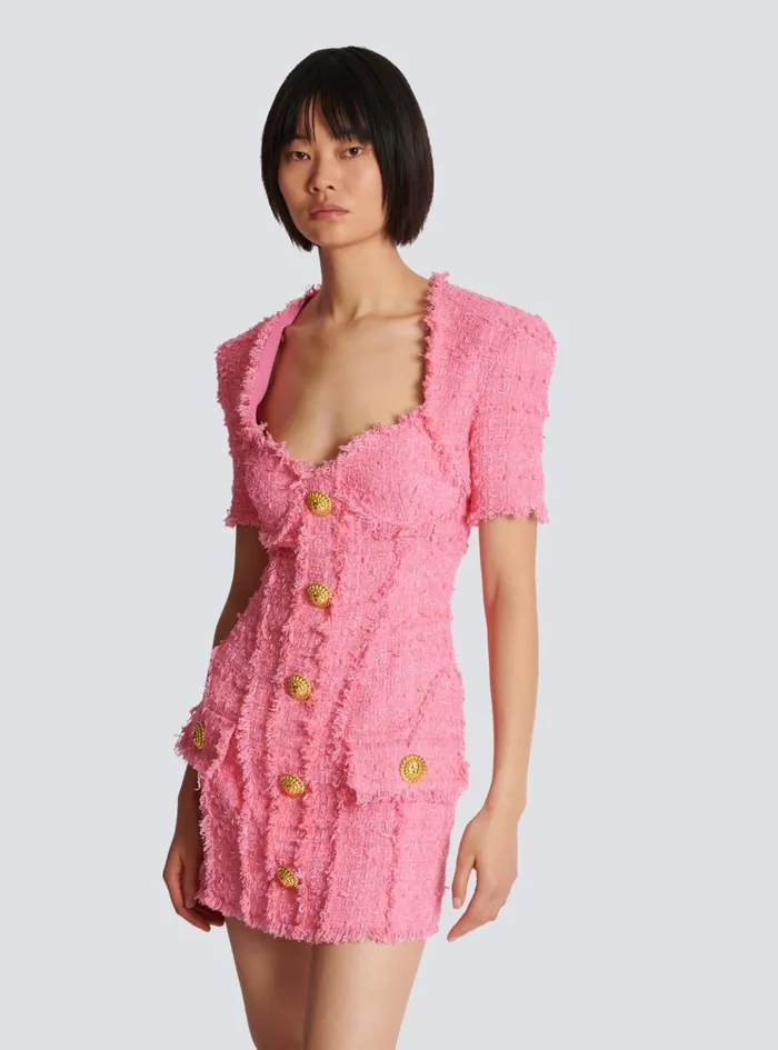 Tweed Dress With Buttons Pink Women Balmain Dresses