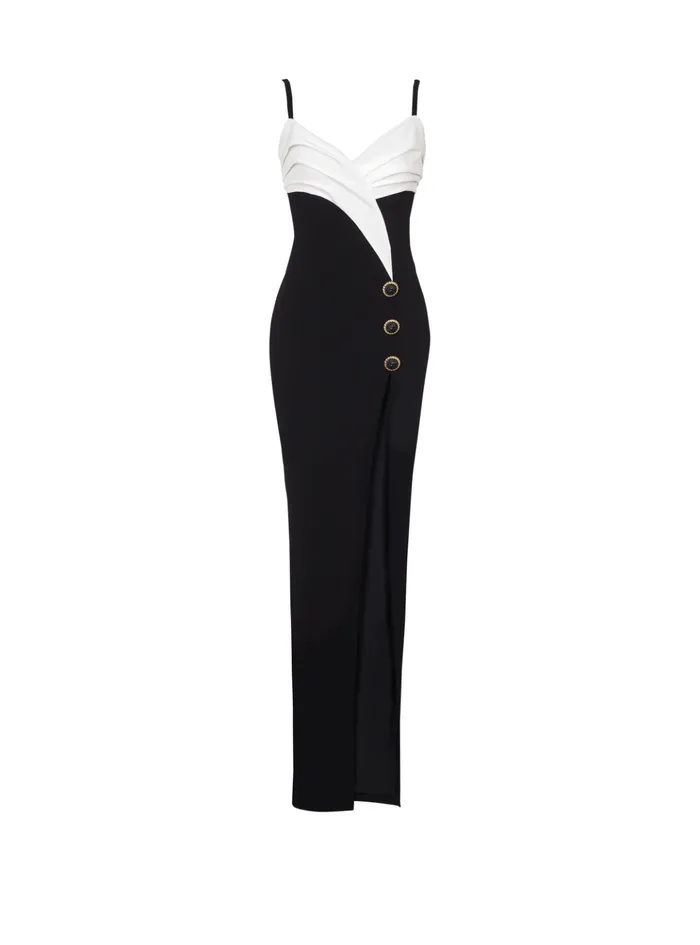 Twotone Long Crepe Dress With Leg Slit Black Women Balmain Dresses