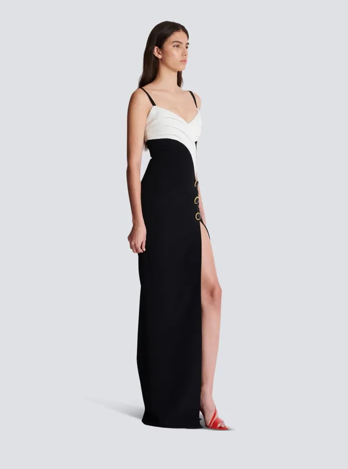 Twotone Long Crepe Dress With Leg Slit Black Women Balmain Dresses