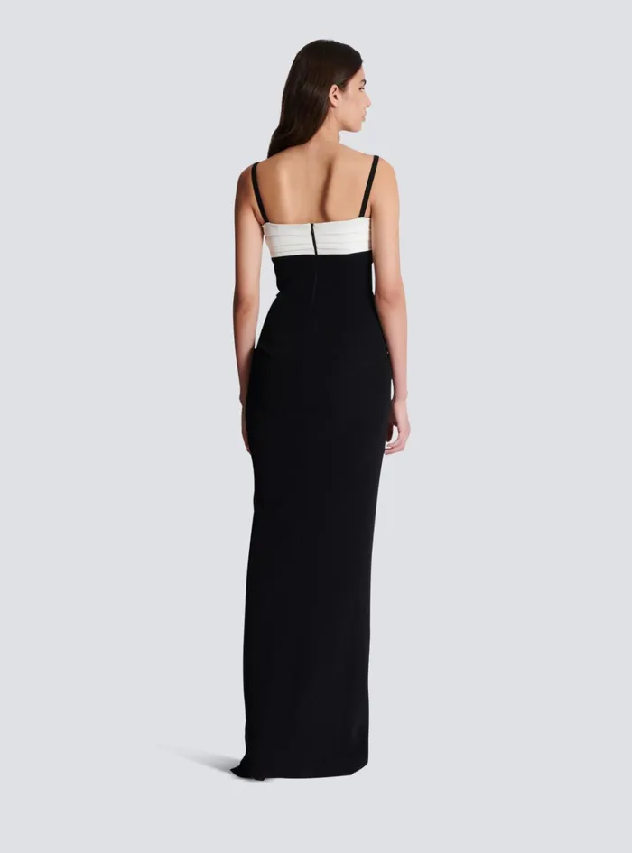 Twotone Long Crepe Dress With Leg Slit Black Women Balmain Dresses