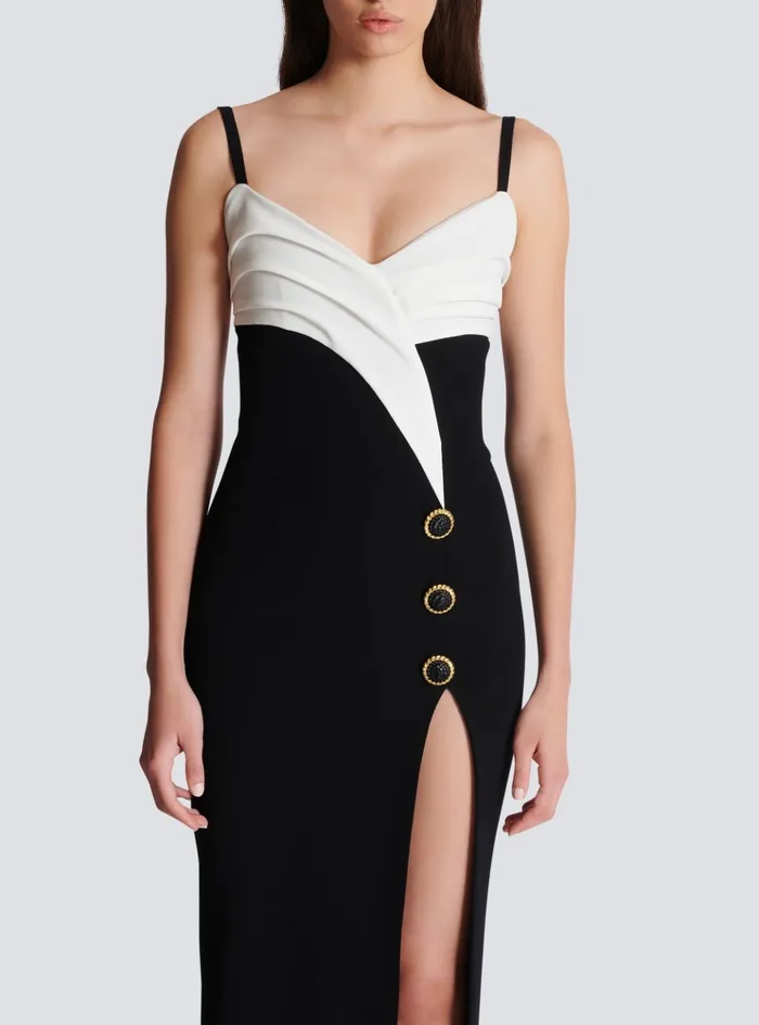 Twotone Long Crepe Dress With Leg Slit Black Women Balmain Dresses