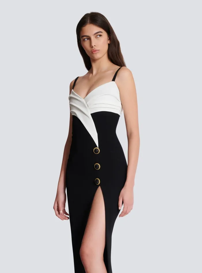 Twotone Long Crepe Dress With Leg Slit Black Women Balmain Dresses