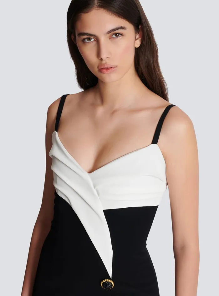 Twotone Long Crepe Dress With Leg Slit Black Women Balmain Dresses