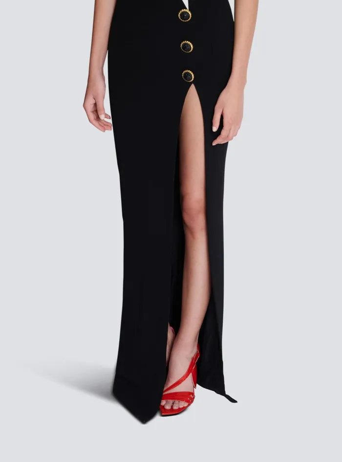 Twotone Long Crepe Dress With Leg Slit Black Women Balmain Dresses
