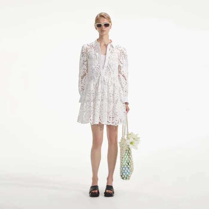 White Cotton Lace Mini Shirt Dress Women Self Portrait Dresses