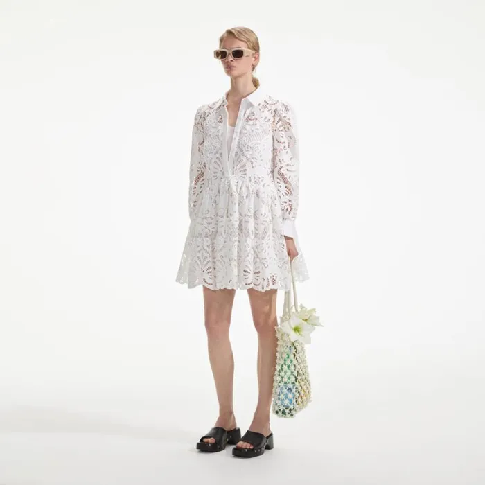 White Cotton Lace Mini Shirt Dress Women Self Portrait Dresses White Cotton Lace Mini Shirt Dress Women Self Portrait Dresses
