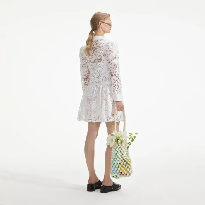 White Cotton Lace Mini Shirt Dress Women Self Portrait Dresses White Cotton Lace Mini Shirt Dress Women Self Portrait Dresses