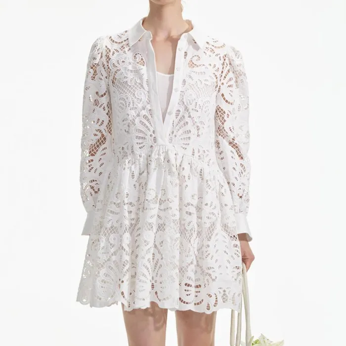 White Cotton Lace Mini Shirt Dress Women Self Portrait Dresses White Cotton Lace Mini Shirt Dress Women Self Portrait Dresses