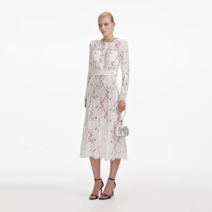 White Lace Embellished Midi Dress Women Self Portrait Dresses White Lace Embellished Midi Dress Women Self Portrait Dresses