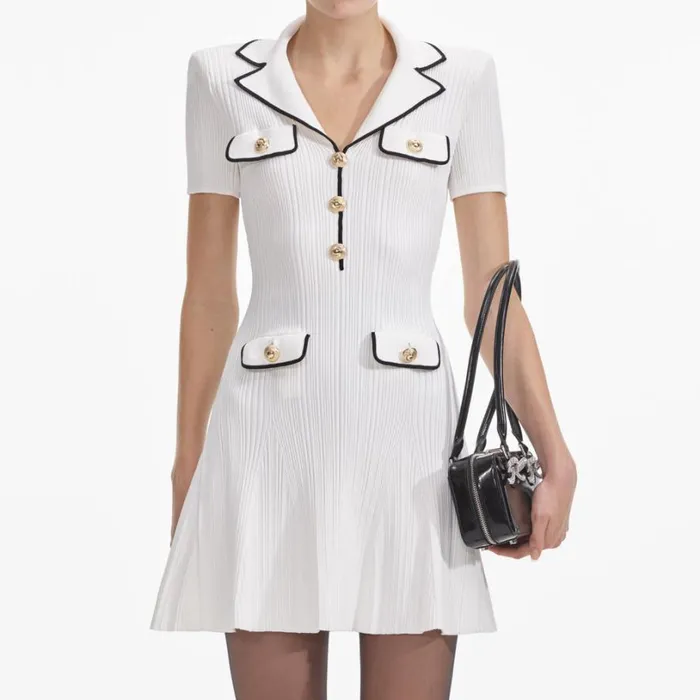 White Viscose Rib Knit Mini Dress Women Self Portrait Dresses White Viscose Rib Knit Mini Dress Women Self Portrait Dresses