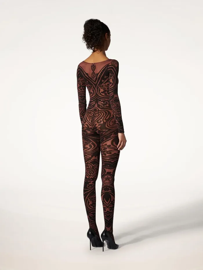 Wolford Trousers and Jumpsuits Paisley Tattoo Catsuit Chocolateblack 8211 Women