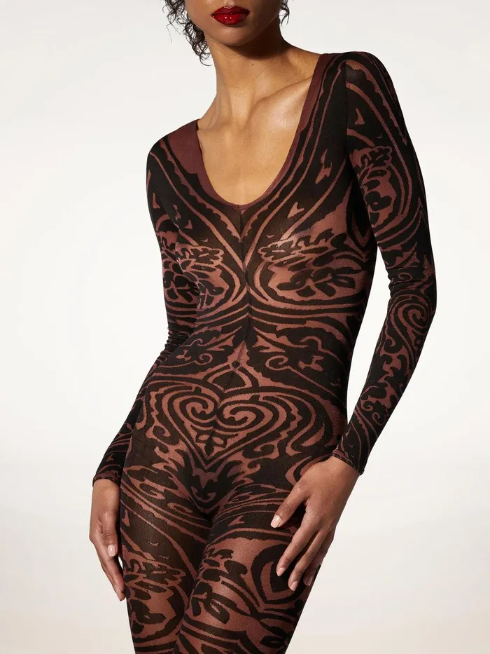 Wolford Trousers and Jumpsuits Paisley Tattoo Catsuit Chocolateblack 8211 Women