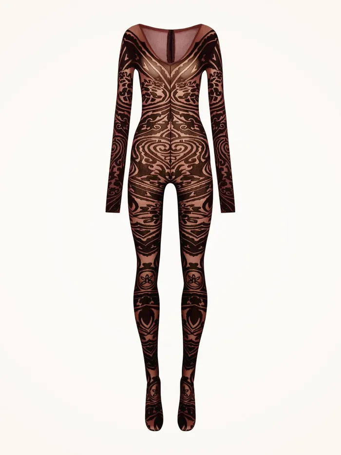 Wolford Trousers and Jumpsuits Paisley Tattoo Catsuit Chocolateblack 8211 Women