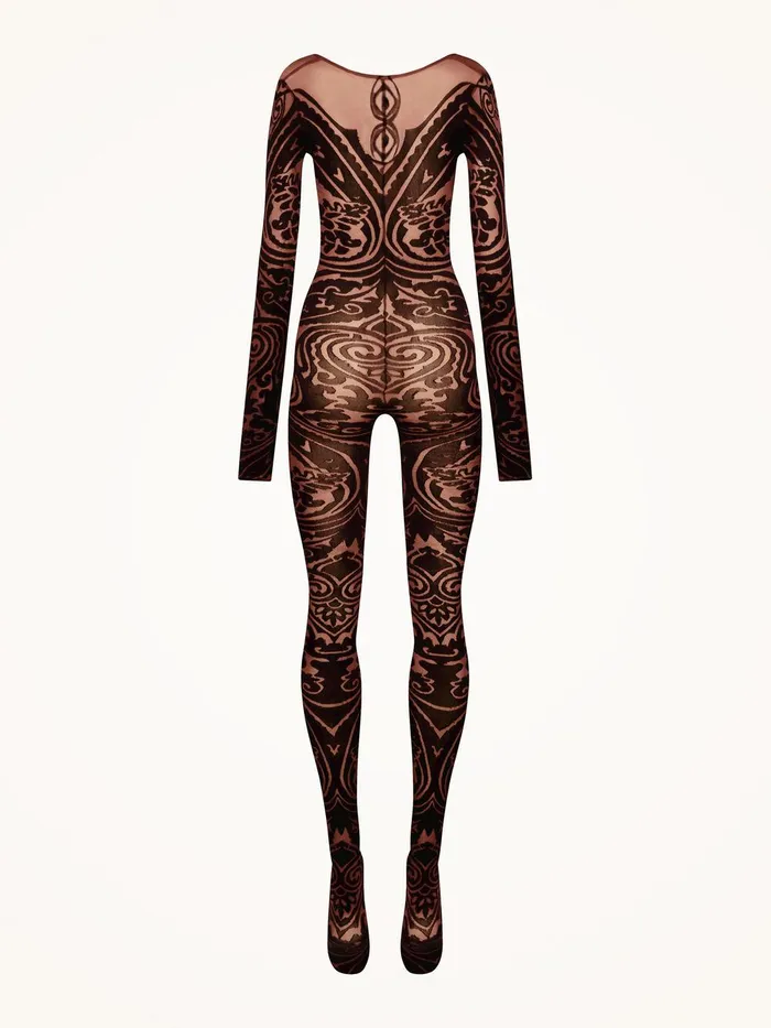 Wolford Trousers and Jumpsuits Paisley Tattoo Catsuit Chocolateblack 8211 Women