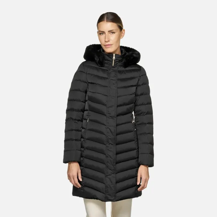 Woman Geox Down Jackets BETTANIE WOMAN Black Fulllength Quilted Coat Black