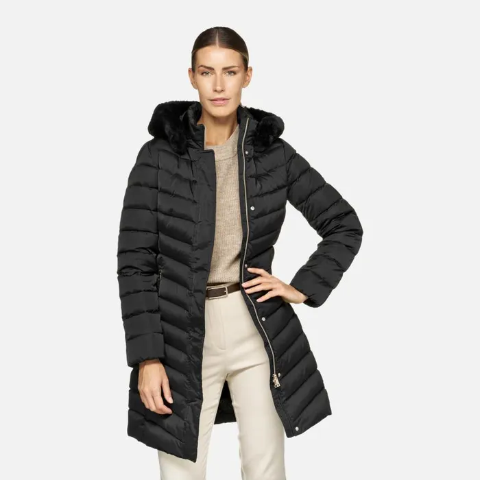 Woman Geox Down Jackets BETTANIE WOMAN Black Fulllength Quilted Coat Black