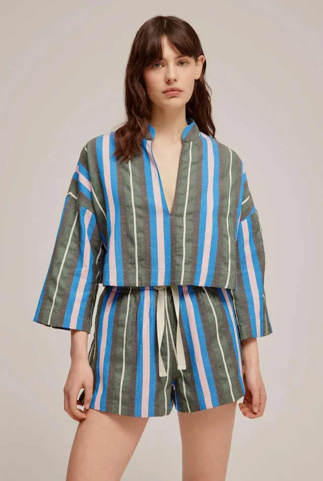 Woman Venroy Tops Woven Stripe Cropped Tunic