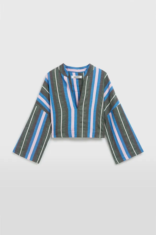 Woman Venroy Tops Woven Stripe Cropped Tunic