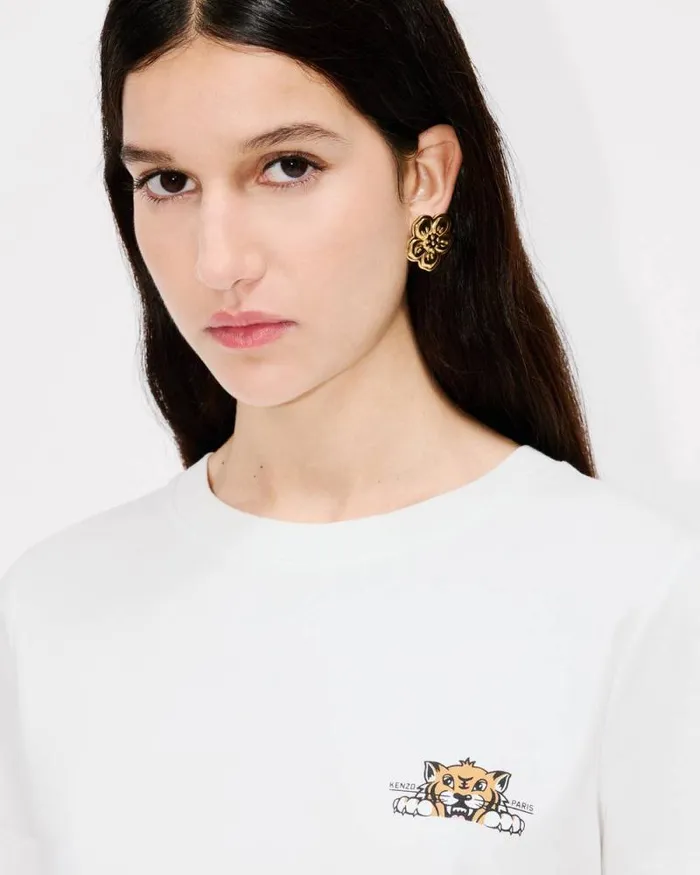 Women 039KENZO Happy Tiger039 Tshirt In Cotton Off White Kenzo Tshirts And Polos