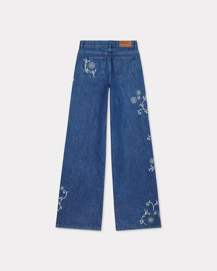 Women 039KENZO Marguerite039 AYAME Wide Legs Embroidered Jeans In Japanese Denim Medium Stone Blue Denim Kenzo Denim