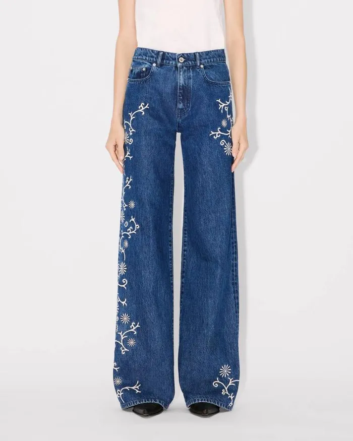 Women 039KENZO Marguerite039 AYAME Wide Legs Embroidered Jeans In Japanese Denim Medium Stone Blue Denim Kenzo Denim