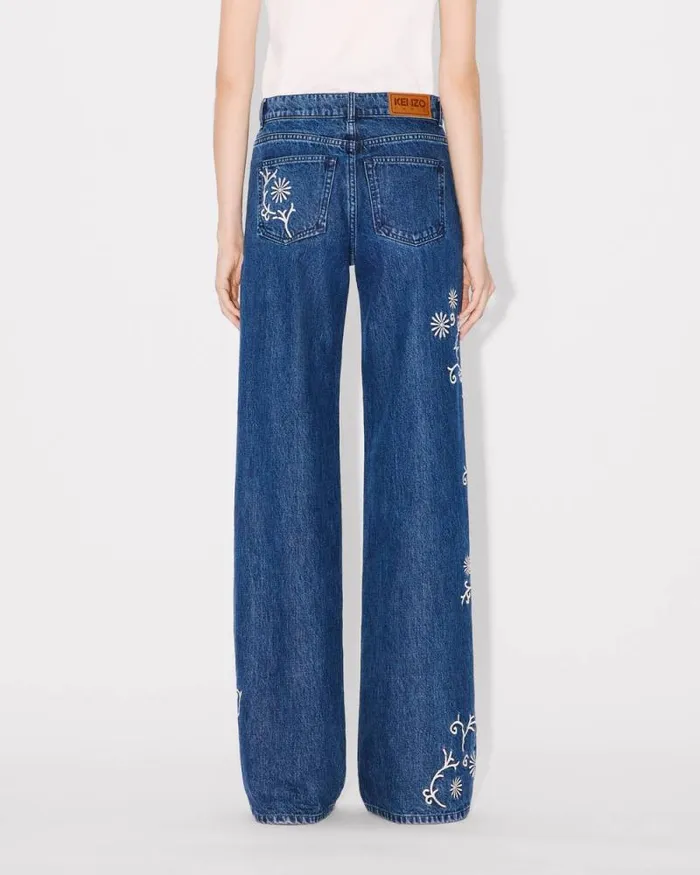 Women 039KENZO Marguerite039 AYAME Wide Legs Embroidered Jeans In Japanese Denim Medium Stone Blue Denim Kenzo Denim
