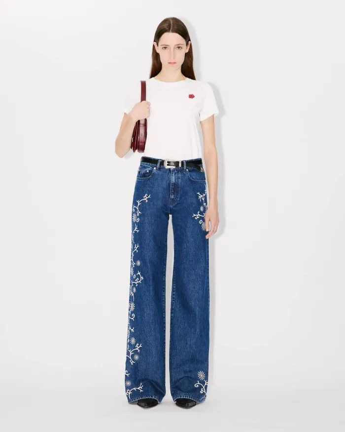 Women 039KENZO Marguerite039 AYAME Wide Legs Embroidered Jeans In Japanese Denim Medium Stone Blue Denim Kenzo Denim