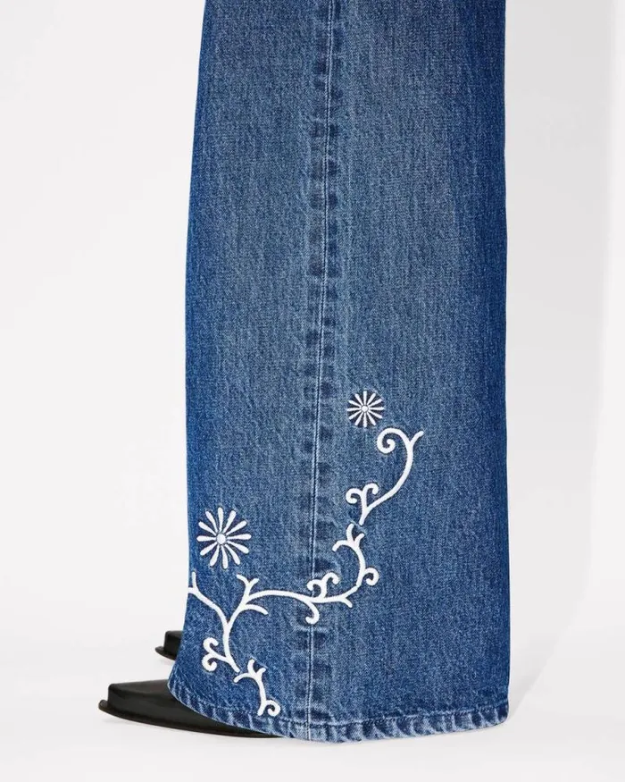Women 039KENZO Marguerite039 AYAME Wide Legs Embroidered Jeans In Japanese Denim Medium Stone Blue Denim Kenzo Denim