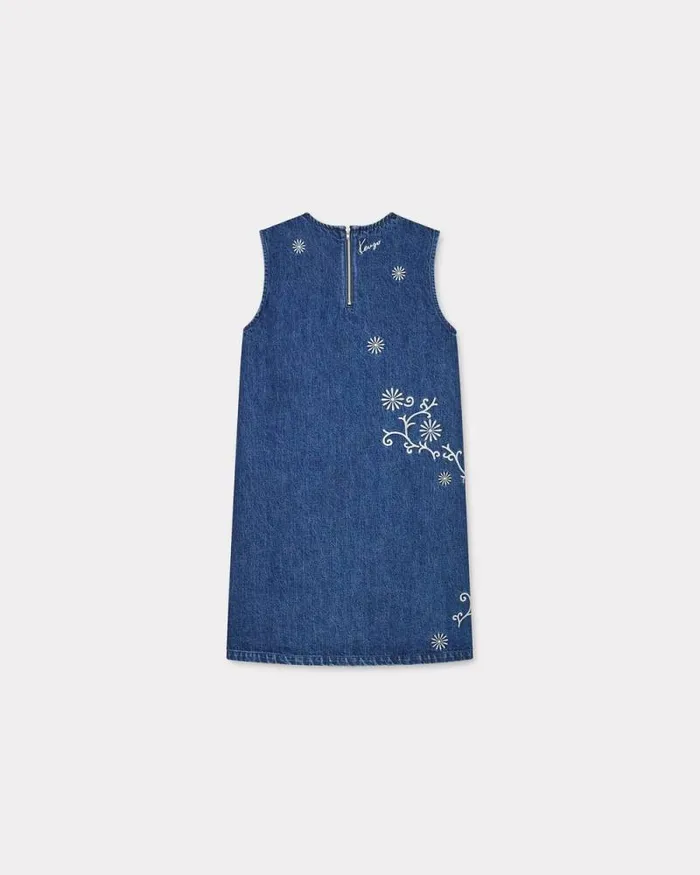 Women 039KENZO Marguerite039 Embroidered Short Dress In Japanese Denim Medium Stone Blue Denim Kenzo Dresses And Skirts