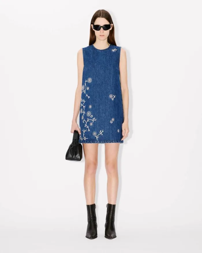 Women 039KENZO Marguerite039 Embroidered Short Dress In Japanese Denim Medium Stone Blue Denim Kenzo Dresses And Skirts