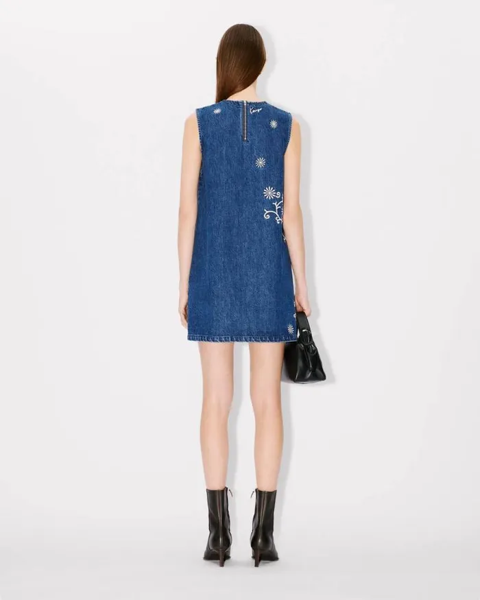 Women 039KENZO Marguerite039 Embroidered Short Dress In Japanese Denim Medium Stone Blue Denim Kenzo Dresses And Skirts