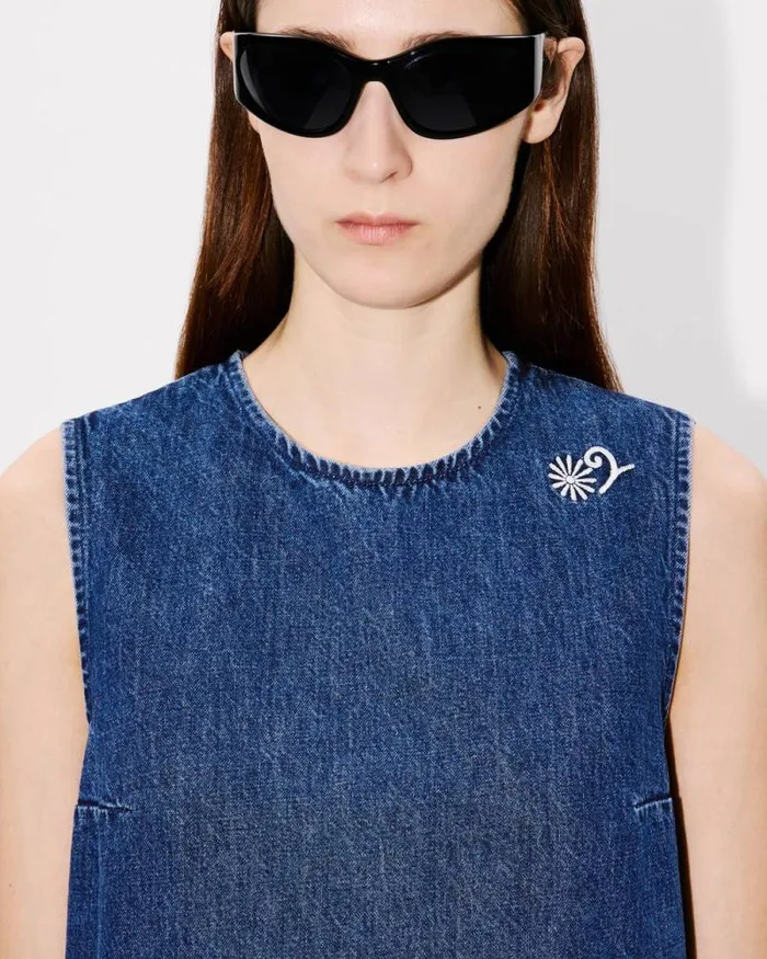 Women 039KENZO Marguerite039 Embroidered Short Dress In Japanese Denim Medium Stone Blue Denim Kenzo Dresses And Skirts