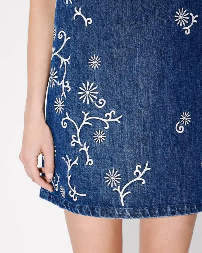 Women 039KENZO Marguerite039 Embroidered Short Dress In Japanese Denim Medium Stone Blue Denim Kenzo Dresses And Skirts