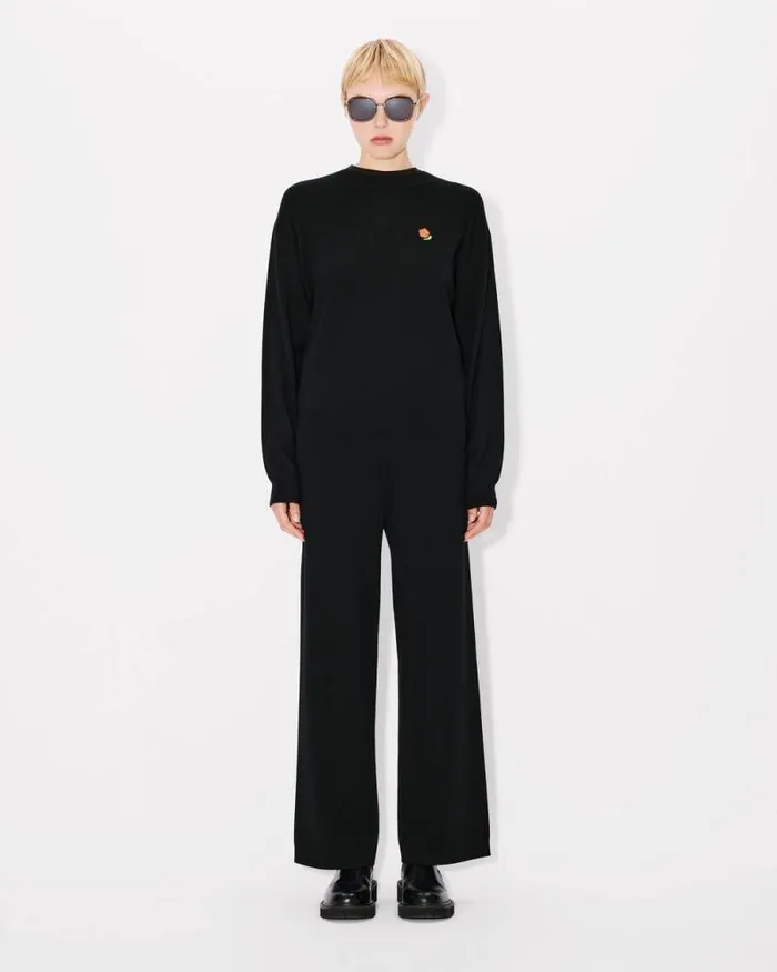 Women 039KENZO Pop039 Embroidered Straight Pants In Merino Wool Black Kenzo Pants And Shorts