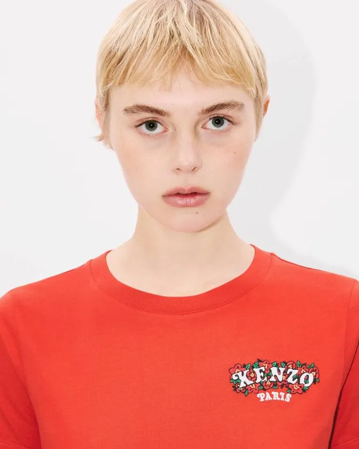 Women 039KENZO VERDY MARKET039 Embroidered Cotton Tshirt Deep Orange Kenzo Tshirts And Polos