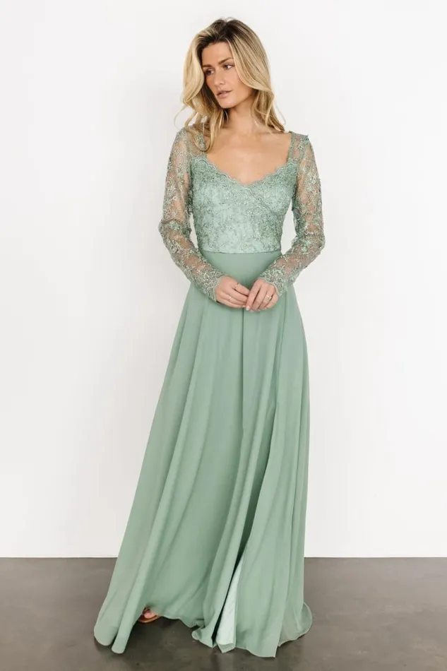 Women Adalaide Long Sleeve Maxi Dress Dusty Sage Baltic Born Embellished and Sequined