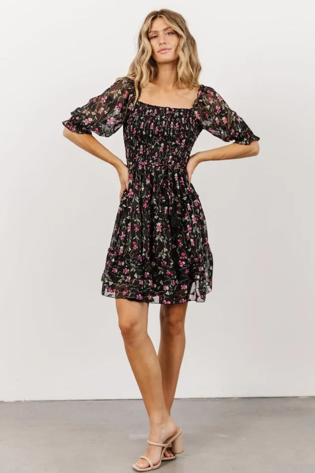 Women Azlyn Smocked Short Dress Black Purple Floral Baltic Born Short Dresses