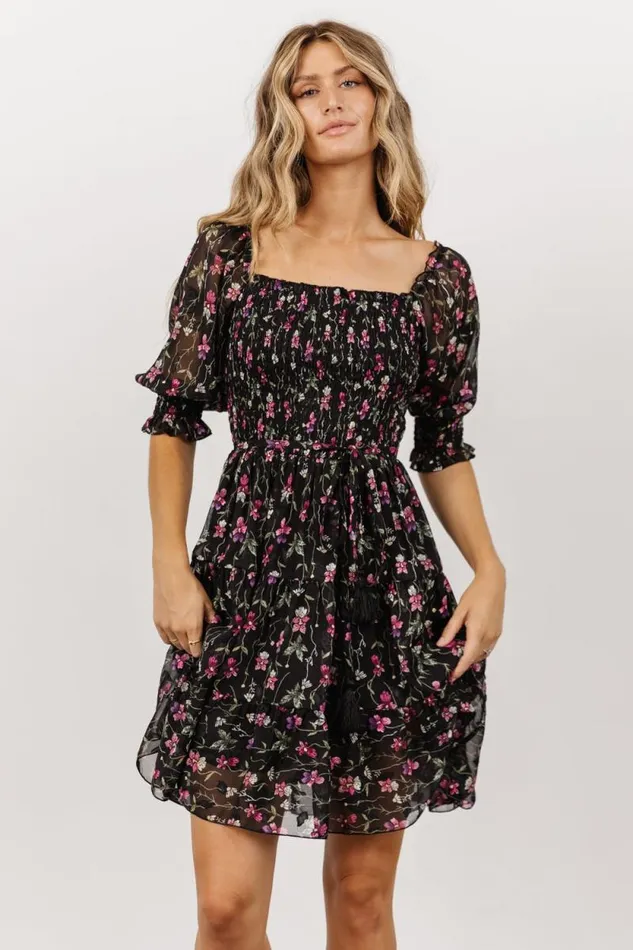Women Azlyn Smocked Short Dress Black Purple Floral Baltic Born Short Dresses Women Azlyn Smocked Short Dress Black Purple Floral Baltic Born Short Dresses