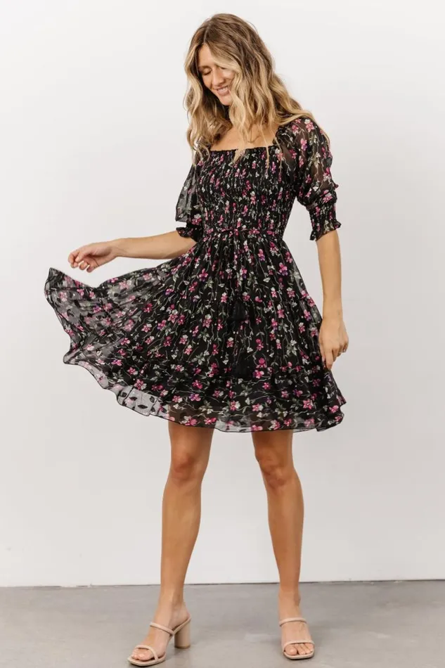 Women Azlyn Smocked Short Dress Black Purple Floral Baltic Born Short Dresses Women Azlyn Smocked Short Dress Black Purple Floral Baltic Born Short Dresses