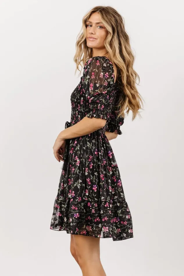 Women Azlyn Smocked Short Dress Black Purple Floral Baltic Born Short Dresses Women Azlyn Smocked Short Dress Black Purple Floral Baltic Born Short Dresses