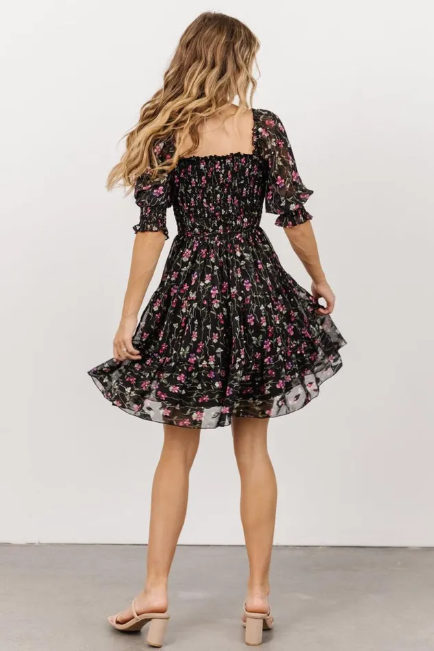 Women Azlyn Smocked Short Dress Black Purple Floral Baltic Born Short Dresses Women Azlyn Smocked Short Dress Black Purple Floral Baltic Born Short Dresses