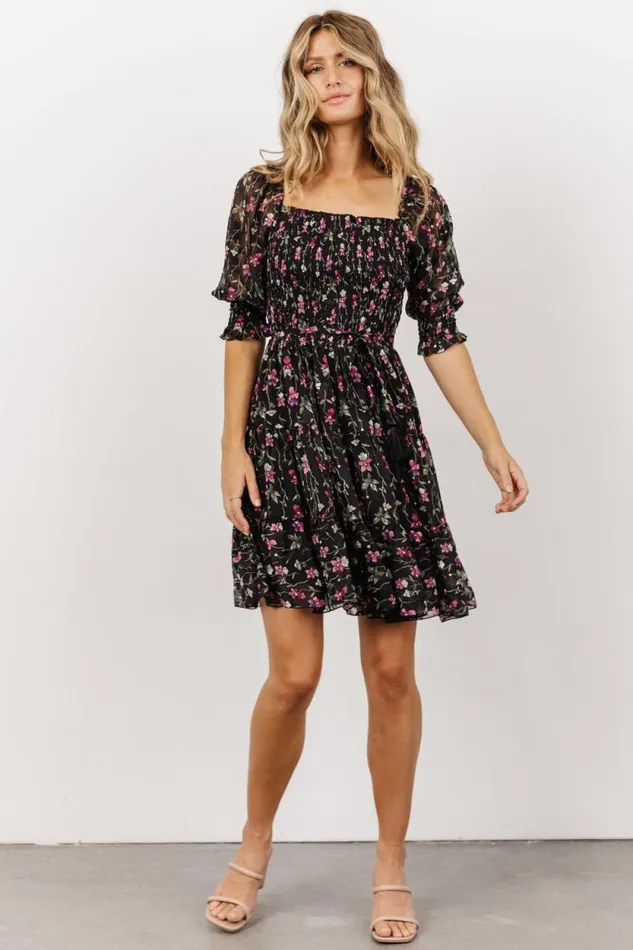 Women Azlyn Smocked Short Dress Black Purple Floral Baltic Born Short Dresses Women Azlyn Smocked Short Dress Black Purple Floral Baltic Born Short Dresses