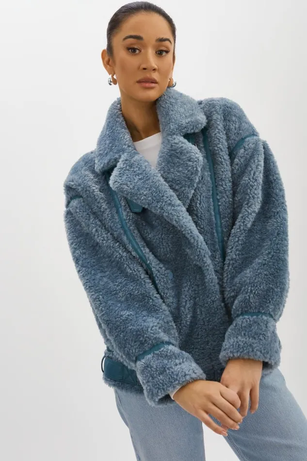Women BADU Oversized Faux Shearling Jacket Dusty Blue LAMARQUE Sherpa