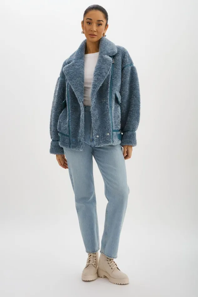 Women BADU Oversized Faux Shearling Jacket Dusty Blue LAMARQUE Sherpa